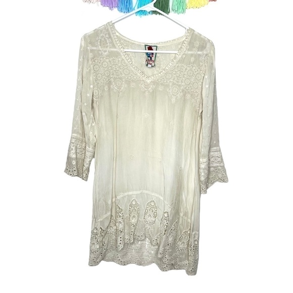 Johnny Was Boho Cream Ivory Lace Embroidered Eyelet Tunic 3/4 Sleeve Dress XS - Picture 3 of 15